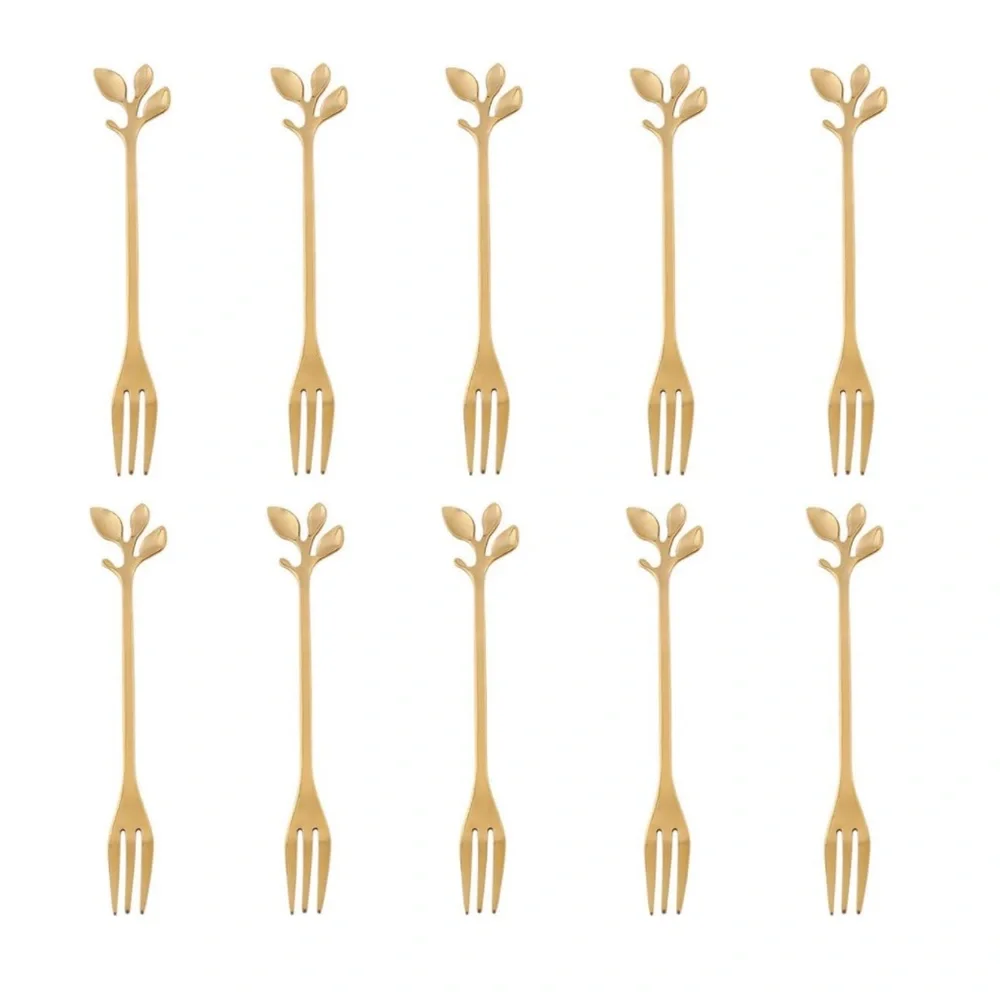 10 Pcs Stainless Steel Gold Leaf Appetizer Cake Forks Set 4.7 Inches